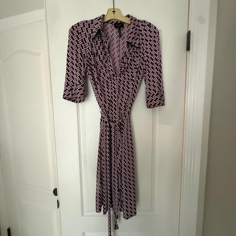 Laundry By Shelli Segal Burgundy White Geometric Chain Midi Faux Wrap Dress